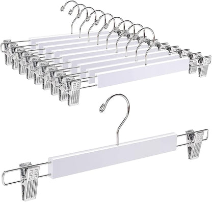 Amber Home 10 Pack 14.17" Solid White Wooden Pant Skirt Hangers, Bottom Hangers for Slacks Trousers Jeans with 2-Adjustable Anti-Rust Clips (White, 10 Pack)