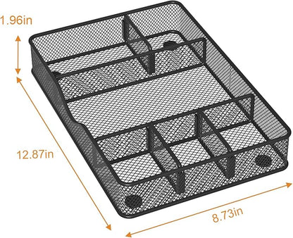VyGrow Desk Drawer Organizer Tray, Metal Mesh Drawer Organizer for Office & Home, 6 Adjustable Compartments, Black, 2 Pack - 12.87x8.73x1.96 inch