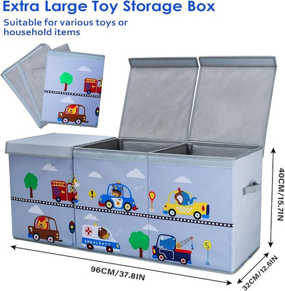 Toy Box Chest for Kids, Collapsible Oxford Toy Storage Box with Handles for Boys, Extra Large Sturdy Waterproof Toy Organiser for Bedroom Playroom, 37.7×12.5×15.7 Inch (Animal Cars)