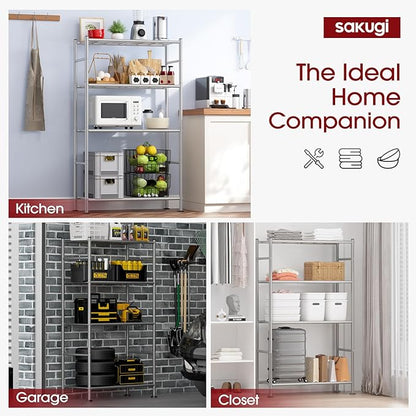 Storage Shelves - 4 Tier Shelf Organizer, Heavy Duty Garage Shelving Unit with Leveling Feet, Stable Metal Shelves Organizer for Pantry, Kitchen and Closet, 33.0" W x 12.6" D x 57.2" H, Silver