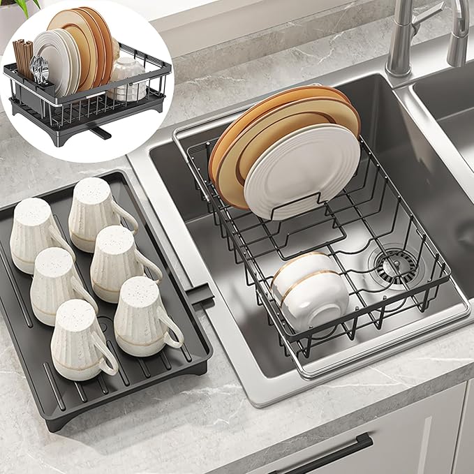 SOVGIZF Dish Drying Rack with Detachable Drainboard – Expandable Over Sink Dish Rack, Dish Dryer Rack for Inside Sink,Countertop Dish Drainer with Utensil Holder