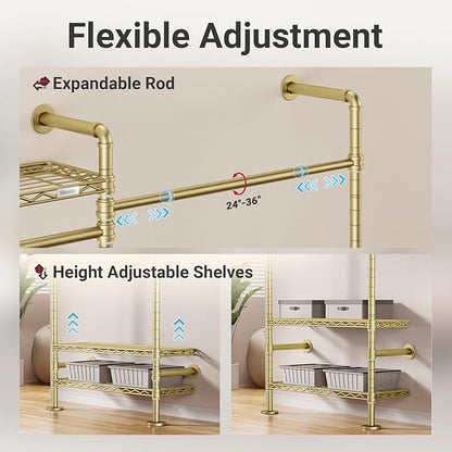 Timate F2 Industrial Pipe Clothes Rack Wall Mounted Clothing Rack for Hanging Clothes, Expandable Garment Rack Heavy Duty Wardrobe Closet Organizer and Storage, Adjustable Industrial Closet Kit, Gold