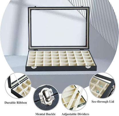 Stratalife Jewelry Organizer 40 Grid Beige Black Jewelry Tray with Clear Dust-proof Lid Velvet Earring Organizer Necklace Rings Holder Display Drawer Storage Case for Women
