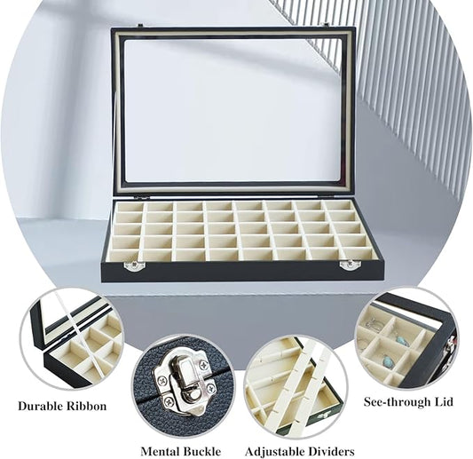 Stratalife Jewelry Organizer 40 Grid Beige Black Jewelry Tray with Clear Dust-proof Lid Velvet Earring Organizer Necklace Rings Holder Display Drawer Storage Case for Women