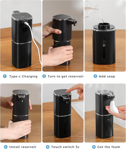 Automatic Foaming Soap Dispenser Touchless, USB Rechargeable Smart Hand Soap Dispenser, 9-Level Adjustable, 13.5oz/400mL,IPX5 Waterproof, Wall/Tabletop Kitchen Bathroom, Black