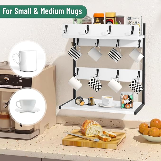 Coffee Mug Holder – 2 Tier Mug Rack Stand with Storage Base for 12 Cups – for Kitchen, Dining Room Counter & Wall Mounted Organizer & Coffee Bar Decor Accessories