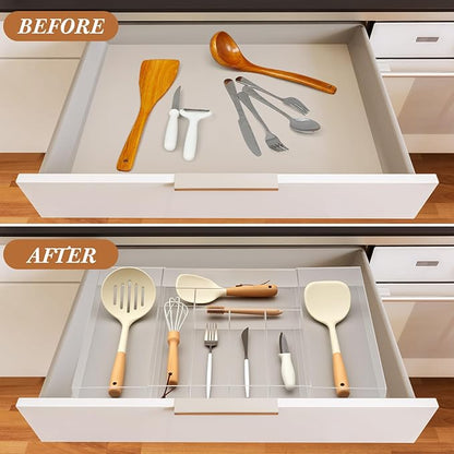 1 Pack Expandable Kitchen Drawer Organizer Clear Acrylic Utensil Organizer Adjustable Acrylic Silverware Storage for Drawers Silverware Flatware Knives (12 x 16 Inches,6-8 Compartments)