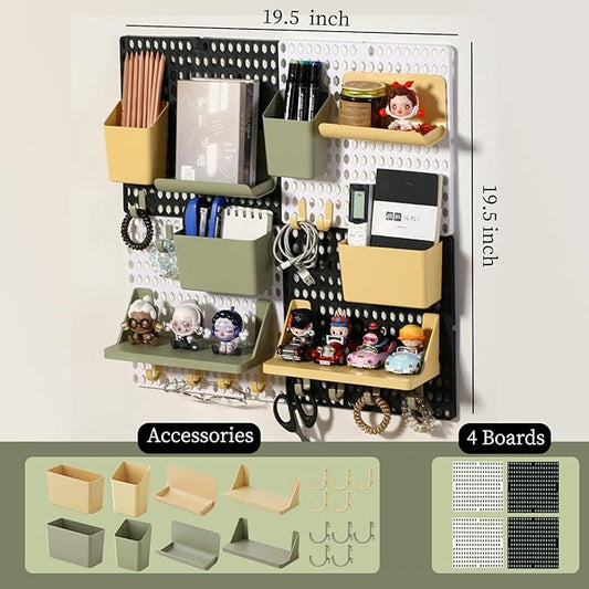 Pegboard Wall Organizer Combination Kit, Wall Organizer with 4 Pegboards and 20 Accessories Hanging, Wall Mounted Peg Board Display Panels for Home and Office - 19.5” x 9.5” (White and Black)