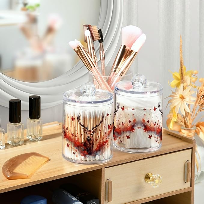 MNSRUU 4 Pack Qtip Holder Organizer Dispenser Deer Butterflies Pink Bathroom Storage Canister Cotton Ball Holder Bathroom Containers for Cotton Swabs/Pads/Floss