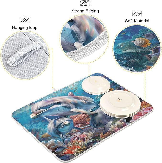 ZzWwR Funny Ocean Cute Dolphin Family Absorbent Dish Drying Mat Microfiber Kitchen Countertop Table Protector Multi-Purpose Counter Rack Sink Drainer Pad (16" x 18")