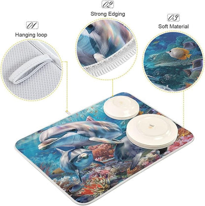 ZzWwR Funny Ocean Cute Dolphin Family Absorbent Dish Drying Mat Microfiber Kitchen Countertop Table Protector Multi-Purpose Counter Rack Sink Drainer Pad (16" x 18")