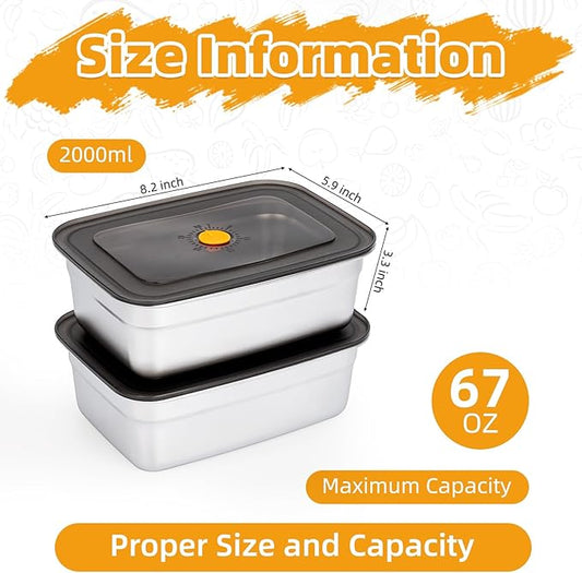 2 PCS Stainless Steel Food Storage Containers(67oz) with Lids Leak Proof & Airtight | Stainless steel freezer Containers,Airtight Bento Lunch Box,For Meal Prep,Fruit,Freezer