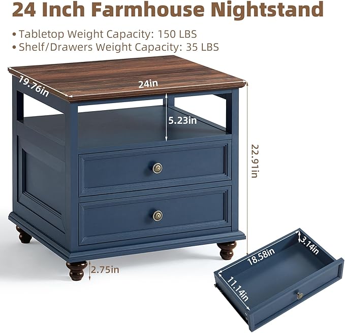 Joaxswe 24" Wide Farmhouse Night Stand,Large End Table with 2 Drawers & Metal Handle,Wood Dresser for Bedroom, Blue Bed Side Table Chest of Drawers Cabinet,Nightstand for Living Room,Closet