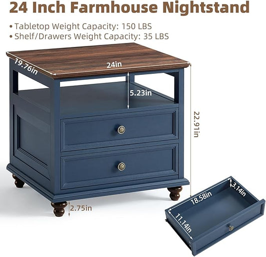 Joaxswe 24" Wide Farmhouse Night Stand,Large End Table with 2 Drawers & Metal Handle,Wood Dresser for Bedroom, Blue Bed Side Table Chest of Drawers Cabinet,Nightstand for Living Room,Closet