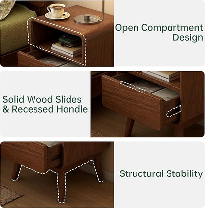 Vadisun Walnut Night Stand Set of 2, Solid Wood Nightstand with Drawer, Walnut Bedside Table, Mid Century Modern Nightstand, Small Bed Side Table for Small Spaces Bedroom(Dark Black Walnut, 20.47" H)