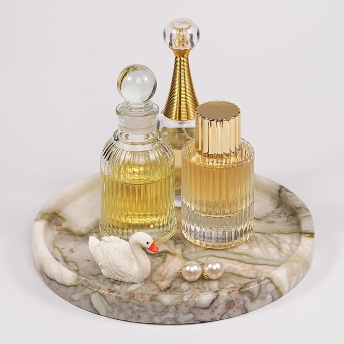 LWALMS Marble Perfume Jewelry Tray - Stone Trinket Ring Key Purse Holder Dish, Round Plate Decorative Bowl for Nightstand Entryway Coffee Table Decor (7.9 inch)