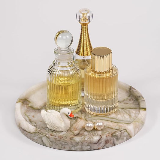 LWALMS Marble Perfume Jewelry Tray - Stone Trinket Ring Key Purse Holder Dish, Round Plate Decorative Bowl for Nightstand Entryway Coffee Table Decor (7.9 inch)