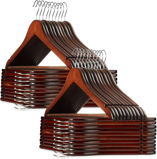 Casafield - 40 Walnut Wooden Suit Hangers - Premium Lotus Wood with Notches & Chrome Swivel Hook for Dress Clothes, Coats, Jackets, Pants, Shirts, Skirts