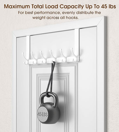 KitchLife Over The Door Hooks Hanger with 7 inches Extended Arms, Fits 1-3/4" Doors, F18U, Bathroom Towel Rack Organization, Thickened 6-Double Hook, Glossy White
