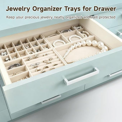 8 Pcs Jewelry Drawer Organizers, Velvet Jewelry Trays for Drawer, Stackable Jewelry Trays Ideal for Rings, Earrings, Bracelets, Necklaces, Grey (Beige)