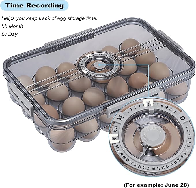 BSTKEY Egg Holder for Refrigerator, Egg Container with Time Scale, Egg Holder with Lid for Kitchen Storage, Stackable Tray for 24 Eggs