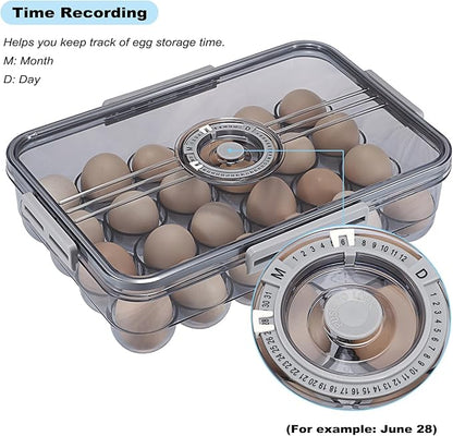 BSTKEY Egg Holder for Refrigerator, Egg Container with Time Scale, Egg Holder with Lid for Kitchen Storage, Stackable Tray for 24 Eggs