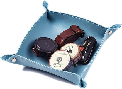SANQIANWAN Leather Jewelry Valet Tray for Women and Man, Portable Entryway Table Tray Bedside Nightstand Desk Tray Small Catchall Travel Dish Plate for Key,Wallet,Watch,Coin (Light Blue-B)