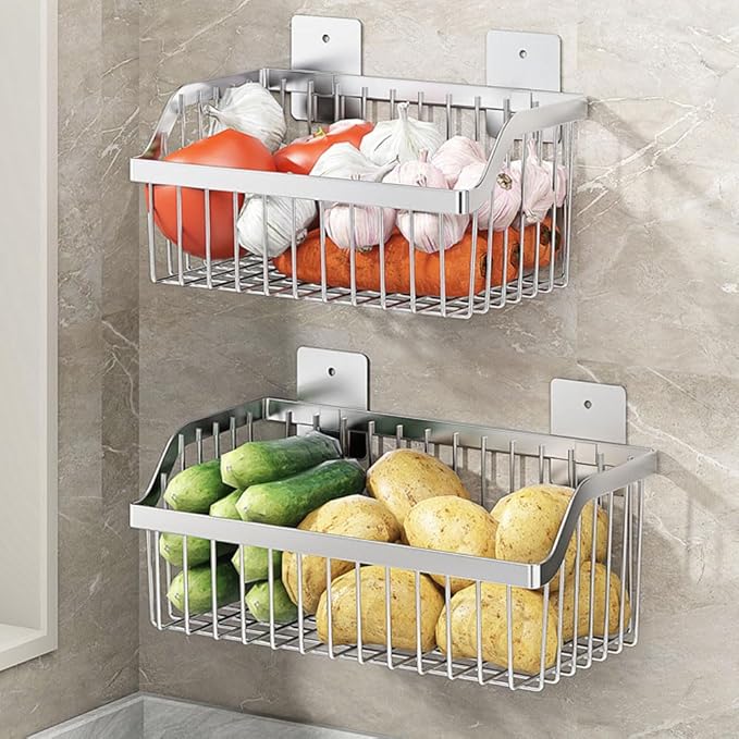 SUS304 Stainless Steel Wire Basket, Hanging Wall Organizer Cabinet Storage Basket, Wall Mounted Shelves for Home Kitchen Bathroom, 2-Pack