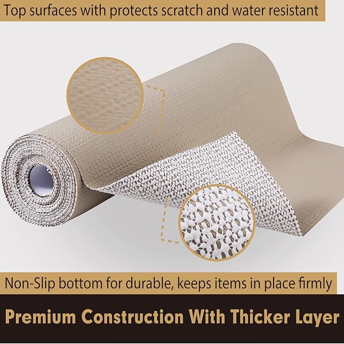 Premium Drawer and Shelf Liner for Cabinet, Non Adhesive Liner for Kitchen, Strong Grip Non Slip Shelf Liners for Kitchen Cabinets, Storage, Drawers, Shelves, Kitchenware and Tableware (Beige)