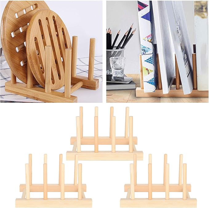 Estink Wooden Dish Drying Rack, 3 Set Multifunctional Drain Rack for Kitchen, Dinner Plate Storage, 5.5 x 5.3 x 3.9in
