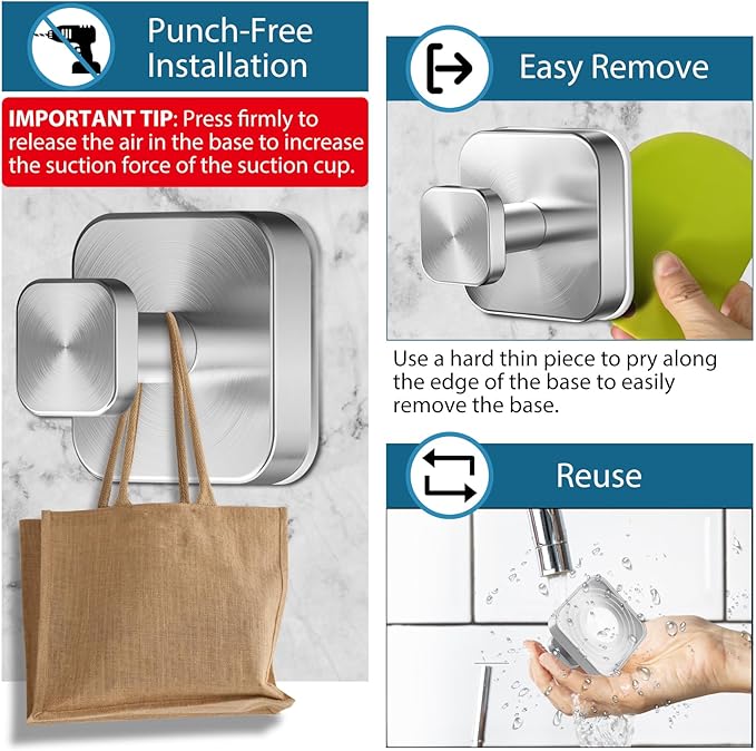 AbluFirst Suction Cup Hooks for Shower,No-Drill Removable Duty Shower Suction Cup Wreath Hooks for Bathroom Wall, Glass, Windows,Mirrors Kitchen to Hang Towels,Robes,Coat, Loofah-Silver(2 Pack)