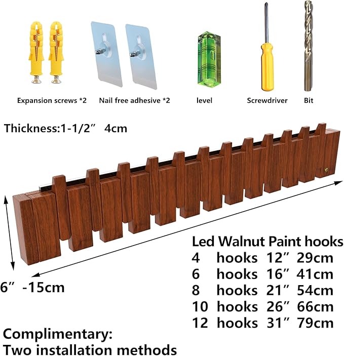 Wall Mounted Coat RackHooks Piano Key Hangers Natural Solid Wood Hanger Non-Woven Fabric Clothes Hangers for Closet, Kitchen, Bedroom, Bathroom, Entryway (Led Walnut, 10 Hooks)