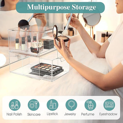 6 Pack Stackable Makeup Organizer and Storage, Acrylic Organizers，Clear Plastic Storage Drawer with Pull-Out Handles for Vanity, Undersink, Kitchen Cabinets, Pantry