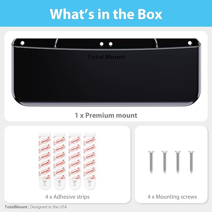 TotalMount Hole-Free Remote Holder – Eliminates the Need to Drill Holes in Your Wall (Premium Black Remote Control Holder for 5 or 6 Remotes)
