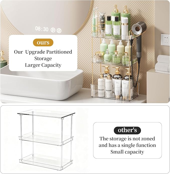 Weidace Bathroom Counter Organizer for Vanity, Makeup Organizer Countertop with Holder, Large Capacity Storage Rack, Perfect Large Skincare, Hair Care, Perfume, Easy to Install (Clear, 3Tiers)