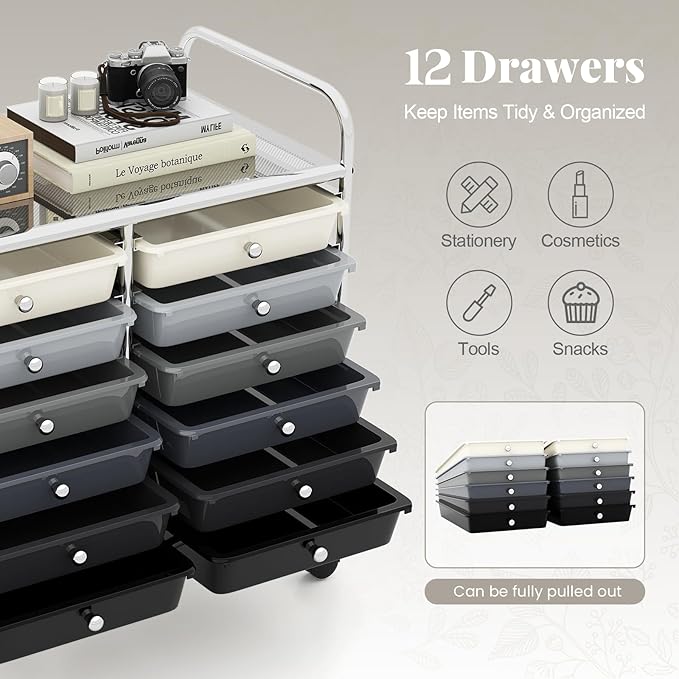 MAT EXPERT 12-Drawer Rolling Storage Cart, Mobile Utility Cart on Wheels, Removable Storage Drawers for Home, Study, Office, School,Paper Organizer