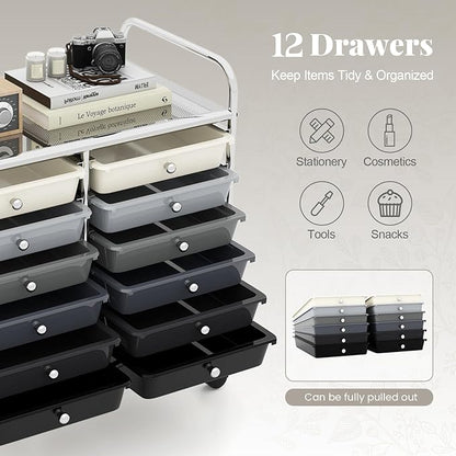 MAT EXPERT 12-Drawer Rolling Storage Cart, Mobile Utility Cart on Wheels, Removable Storage Drawers for Home, Study, Office, School,Paper Organizer