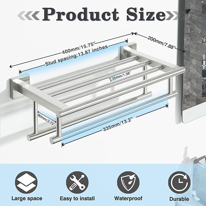 Alise Towel Rack,Towel Holder Towel Shelf with Double Towel Bars for Bathroom Lavatory,SUS 304 Stainless Steel Wall Mount Towel Hanger Storage,16 Inch Brushed Nickel,GZ8040-LS