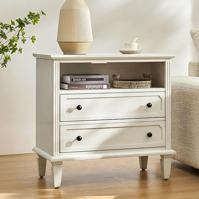 HULALA HOME Farmhouse End Table with Charging Station Set of 2, End Table with USB Ports & Outlets, Fluted Pilasters Design Side Table with Open Space and 2 Drawers Dresser for Living Room, White