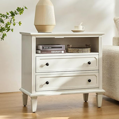 HULALA HOME Farmhouse End Table with Charging Station Set of 2, End Table with USB Ports & Outlets, Fluted Pilasters Design Side Table with Open Space and 2 Drawers Dresser for Living Room, White