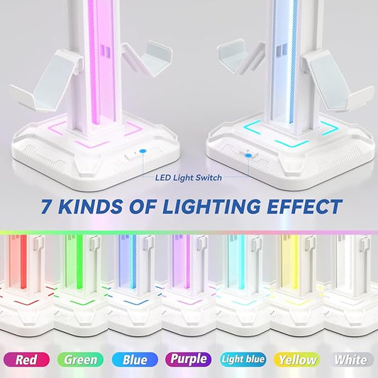 KDD RGB Headset Stand with 9 Light Modes - Controller Holder for Desk - Rotatable Headphone Stand & Detachable Controller Hook for PC Earphone Accessories(White)