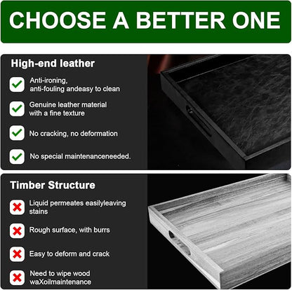 20 * 14 inches Leather Rectangle Serving Tray with Hole Handles,High-End Light Large Service Tray for Ottoman Tray, Tea, Food, Butler - Countertop, Kitchen,Family Dinner, Picnic (Black)