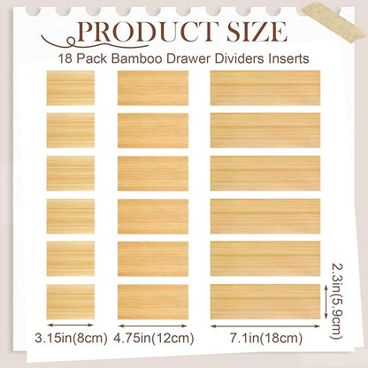 18 Pack Bamboo Drawer Dividers Inserts 3 Sizes Adjustable for Drawer Organizers Kitchen Utensils Storage Home Office Bathroom Dresser Cosmetic, 7.1 x 2.3 in, 4.7 x 2.3 in, 3.15 x 2.3 in