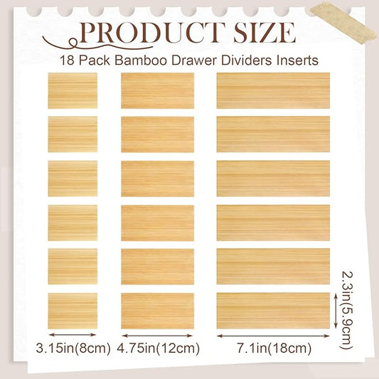 18 Pack Bamboo Drawer Dividers Inserts 3 Sizes Adjustable for Drawer Organizers Kitchen Utensils Storage Home Office Bathroom Dresser Cosmetic, 7.1 x 2.3 in, 4.7 x 2.3 in, 3.15 x 2.3 in