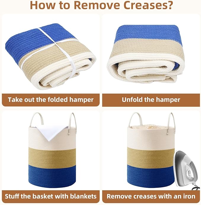 Cotton Rope Basket，Large Blanket Basket for Living Room,Woven cotton rope laundry baskets，For Bathroom Dirty Clothes ，Nursery Toys，pillow storage organization, 80L,white and dark blue.