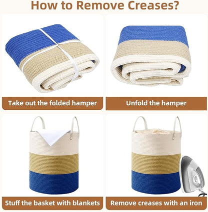 Cotton Rope Basket，Large Blanket Basket for Living Room,Woven cotton rope laundry baskets，For Bathroom Dirty Clothes ，Nursery Toys，pillow storage organization, 80L,white and dark blue.