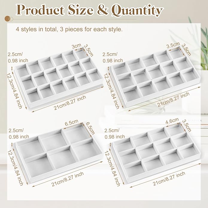 Junkin 12 Pcs Jewelry Tray Velvet Stackable Jewelry Organizer Trays Divided Earring Accessories Storage Containers Box (Rose Red)