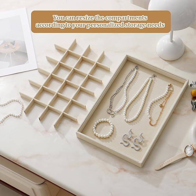 KATISYIO Large Velvet Jewelry Tray 2 Pack Stackable Jewelry Display Drawer Inserts Trays Organizer for Earring Bracelet Necklace Ring (Beige, 24 Grids)
