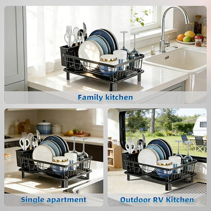 GAOKASE Dish Drying Rack, Stainless Steel Space-Saving Dish Rack, Dish Racks for Kitchen Counter, Kitchen Dish Drainers with Removable Utensil Holder,New Drain Outlet,Plate Rack and Drainboard, Black