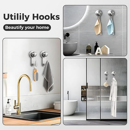 WingWider Shower Hooks for Inside Shower,No-Drill Removable&Reusable Towel Hooks for Bathroom,Heavy Duty Suction Cup Hooks for Glass Window,2 Pack(Silver)
